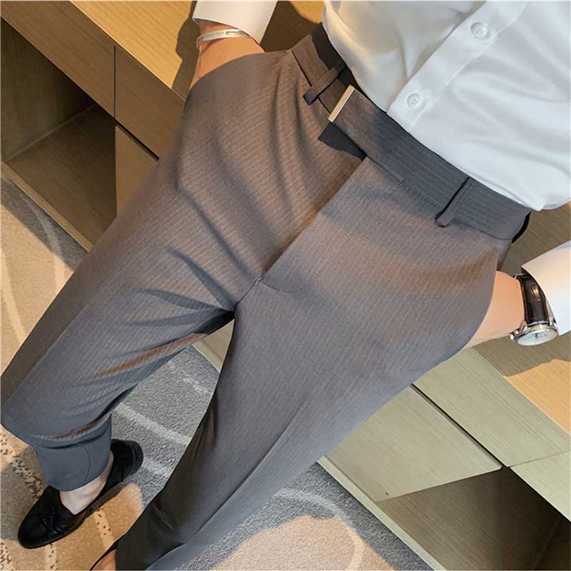 Men's Striped Dress Pants, High Waisted Slim Fit Business Trousers, Formal Pinstripe Suit Pants