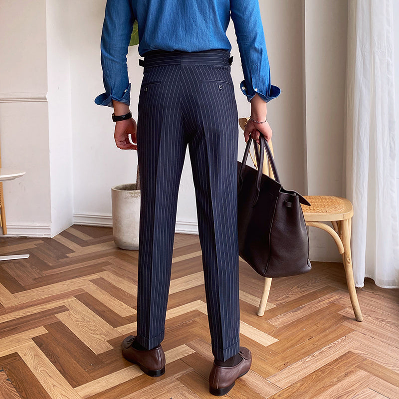 Men's Business Casual High Waisted Pants British Stripe Straight Leg Trousers