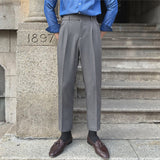 Men's British Business Dress Pants Casual Straight Leg High Waisted Trousers
