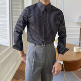 Men's Vintage British Stripe Button Collar Long Sleeve Shirt