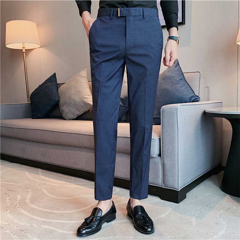 Men's Striped Dress Pants, High Waisted Slim Fit Business Trousers, Formal Pinstripe Suit Pants