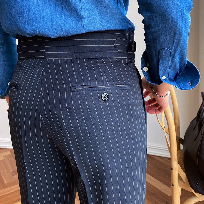 Men's Business Casual High Waisted Pants British Stripe Straight Leg Trousers
