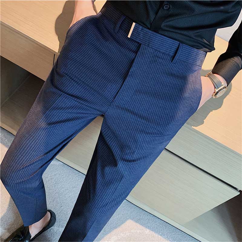 Men's Striped Dress Pants, High Waisted Slim Fit Business Trousers, Formal Pinstripe Suit Pants