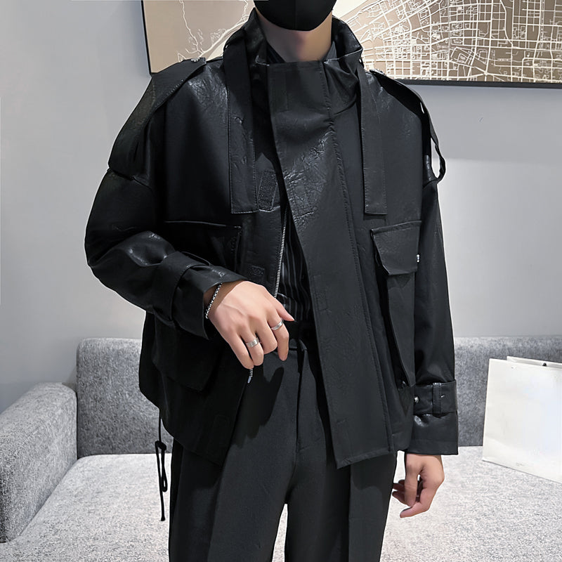 Men's Black Slim Fit PU Leather Jacket, Casual Long Sleeve Faux Leather Coat, Moto Biker Jacket