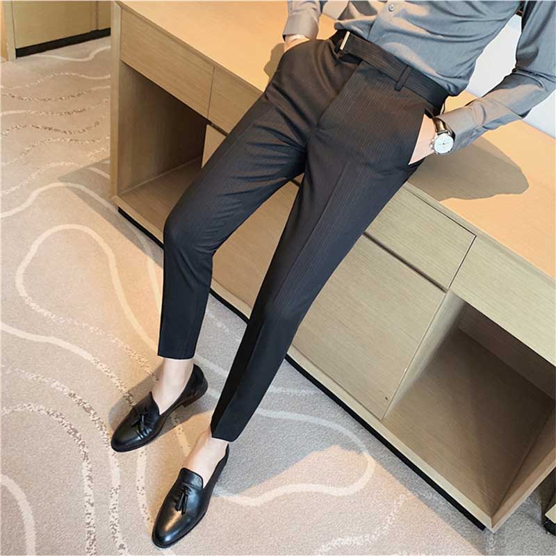 Men's Striped Dress Pants, High Waisted Slim Fit Business Trousers, Formal Pinstripe Suit Pants