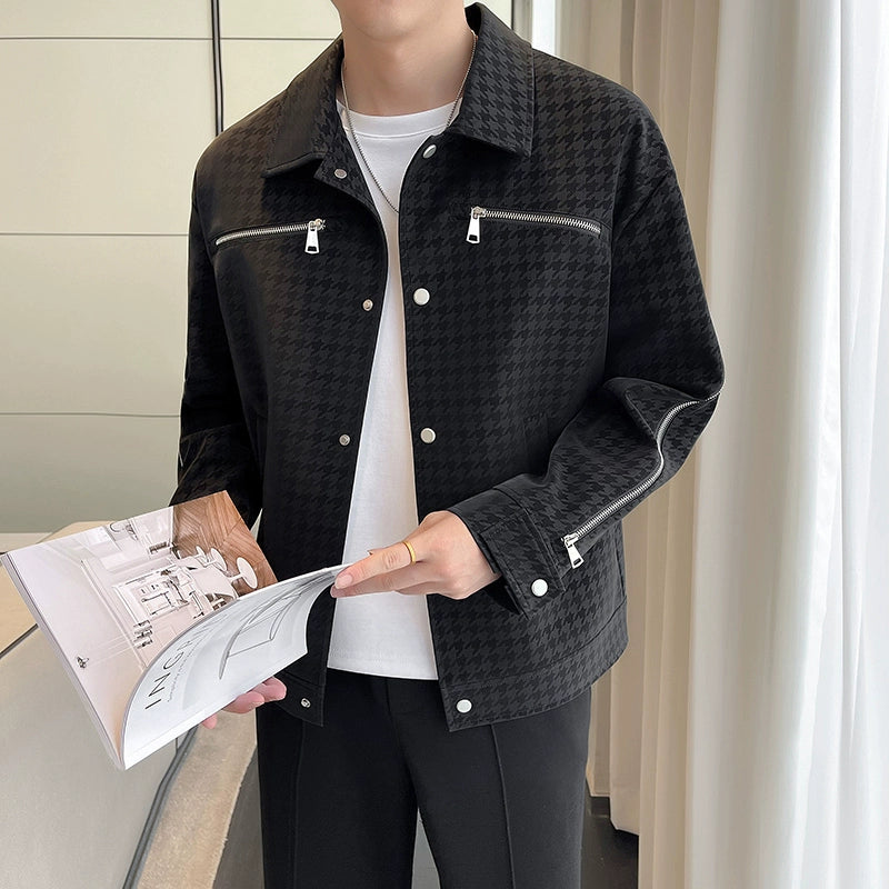 Men's Casual Business Houndstooth Zip-Up Jacket
