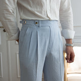 Men's High Waist Straight Pants British Blue Casual Trousers
