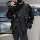Men's Black Slim Fit PU Leather Jacket, Casual Long Sleeve Faux Leather Coat, Moto Biker Jacket