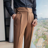 Men's Business Casual Dress Pants British High Waist Slim Fit Trousers