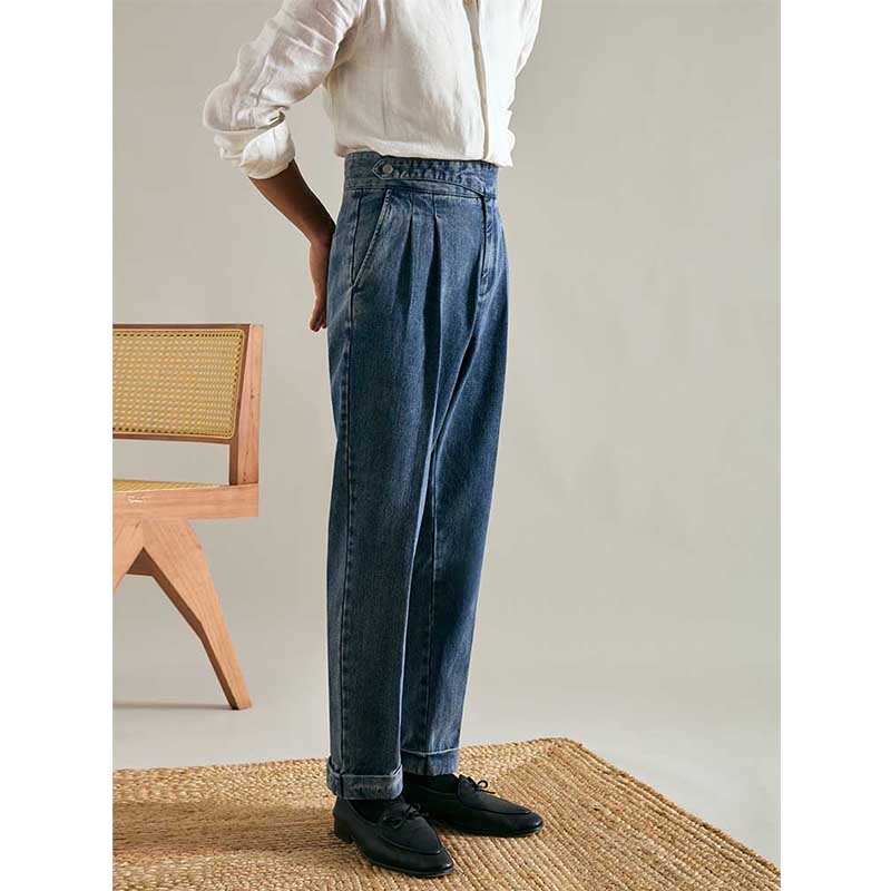Men's High Waisted Pants Casual Slim Straight Leg Loose Jeans