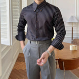 Men's Vintage British Stripe Button Collar Long Sleeve Shirt
