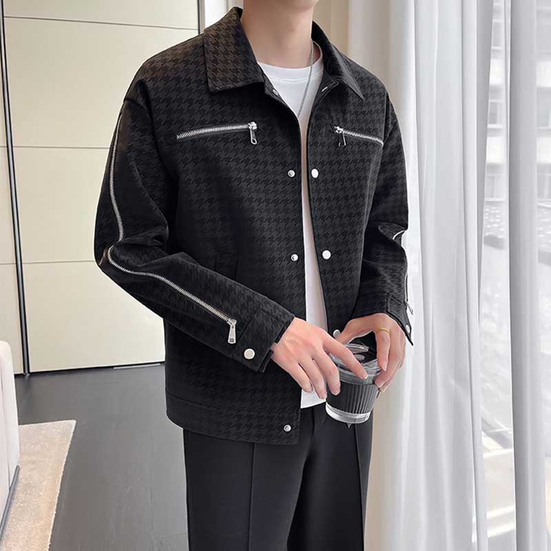 Men's Casual Business Houndstooth Zip-Up Jacket