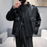 Men's Black Slim Fit PU Leather Jacket, Casual Long Sleeve Faux Leather Coat, Moto Biker Jacket