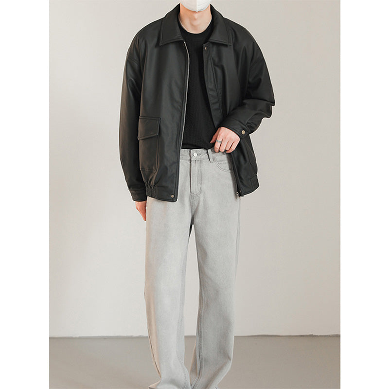 Men's Loose Lapel PU Leather Jacket
