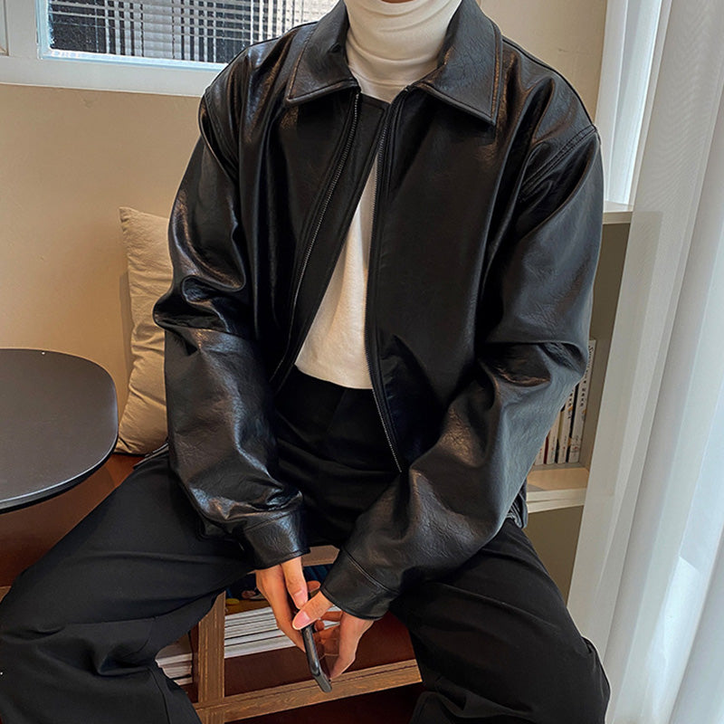 Men's Short PU Leather Motorcycle Jacket, Casual Biker Coat, Faux Leather Moto Jacket