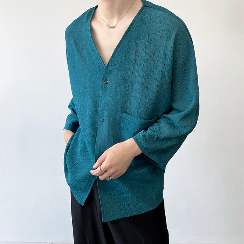 Men's Casual Pleated Tie Decorative V-neck Three-quarter Sleeves Shirt