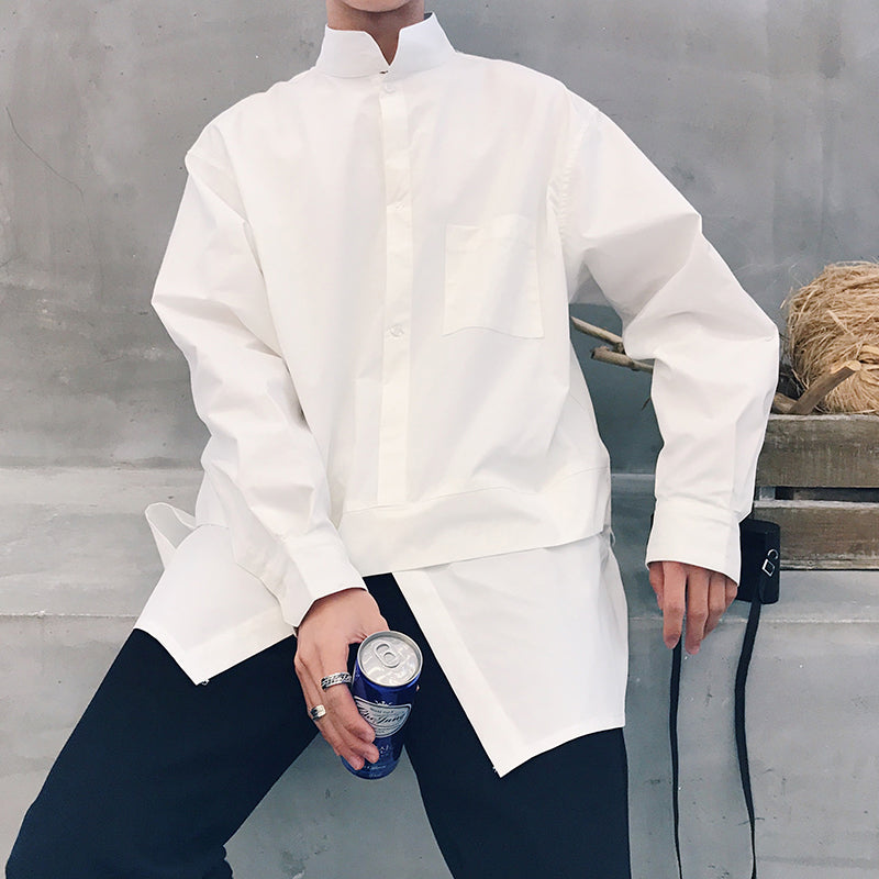 Men's Casual Solid Color Pullover Fake Two-Piece Long Sleeve Shirt