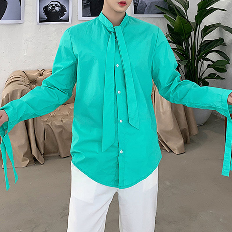 Men's Ribbon Collar Loose Long Sleeve Shirt