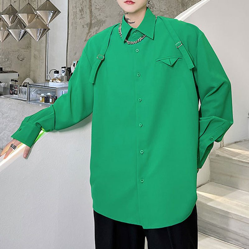 Male Green Webbing Buckle Decoration Shirt Long Sleeve Shirt