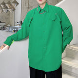 Male Green Webbing Buckle Decoration Shirt Long Sleeve Shirt