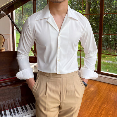 Men's British Cuban Collar Bamboo Fiber Houndstooth Long Sleeve Casual Shirt