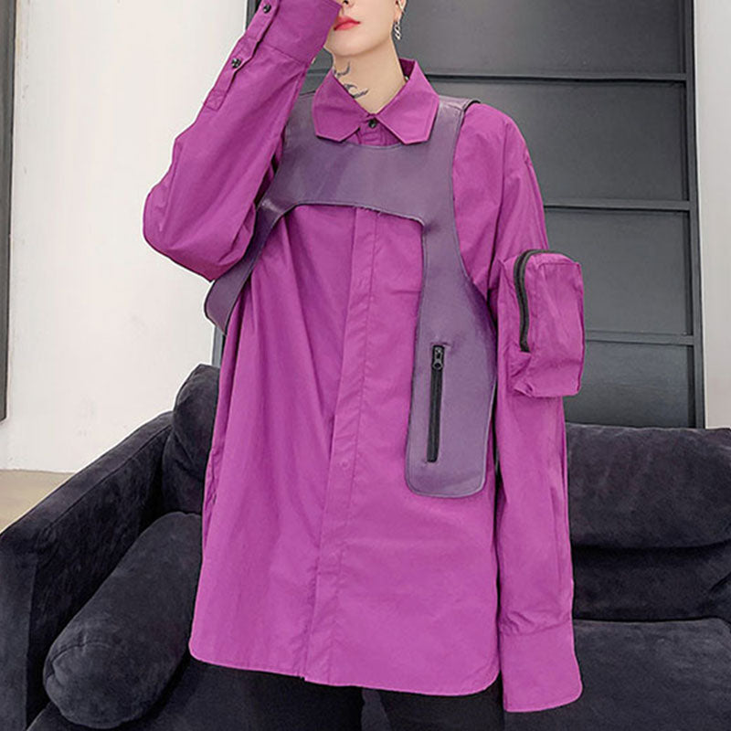 Men's Purple PU Leather Vest and Shirt