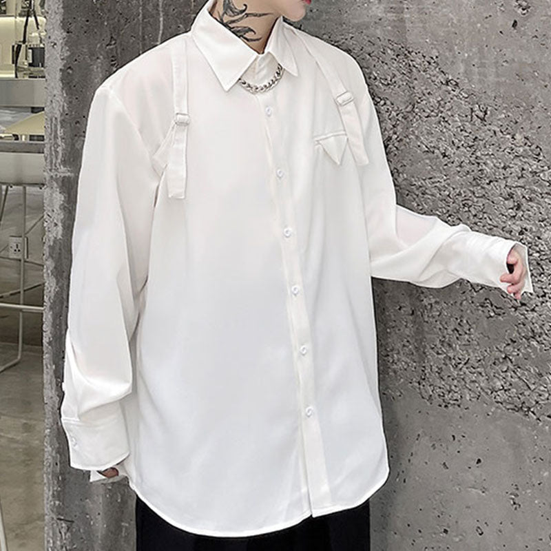 Male Green Webbing Buckle Decoration Shirt Long Sleeve Shirt
