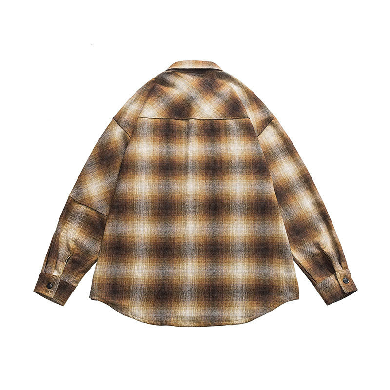 Japanese Retro Loose Lapel Plaid Stitching Shirt