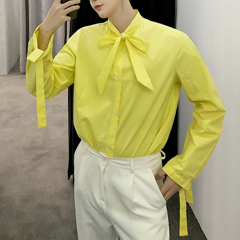 Men's Ribbon Collar Loose Long Sleeve Shirt