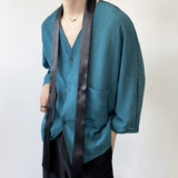 Men's Casual Pleated Tie Decorative V-neck Three-quarter Sleeves Shirt