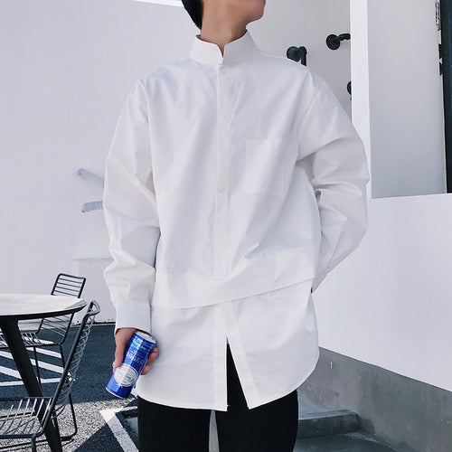 Men's Casual Solid Color Pullover Fake Two-Piece Long Sleeve Shirt