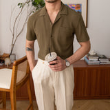 Men's Waffle Cuban Collar Slim Fit Stretch Short Sleeve Shirt