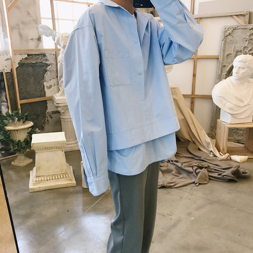 Men's Casual Solid Color Pullover Fake Two-Piece Long Sleeve Shirt