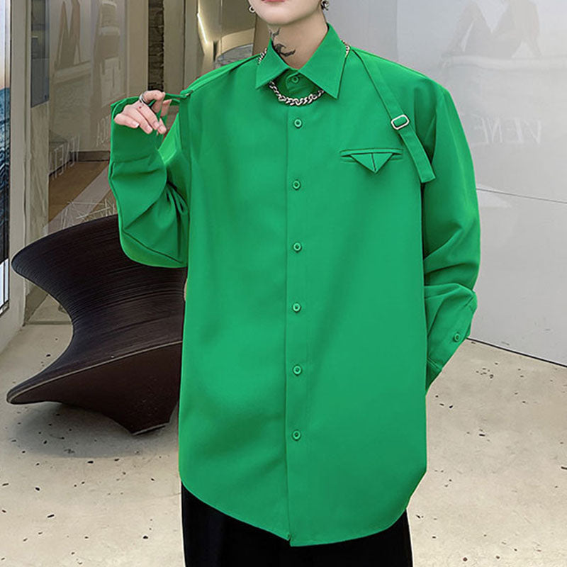 Male Green Webbing Buckle Decoration Shirt Long Sleeve Shirt