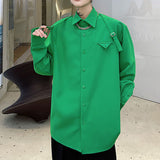Male Green Webbing Buckle Decoration Shirt Long Sleeve Shirt