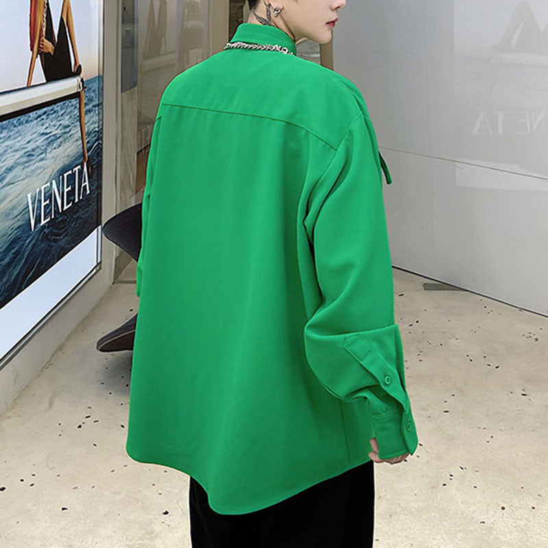 Male Green Webbing Buckle Decoration Shirt Long Sleeve Shirt