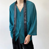 Men's Casual Pleated Tie Decorative V-neck Three-quarter Sleeves Shirt