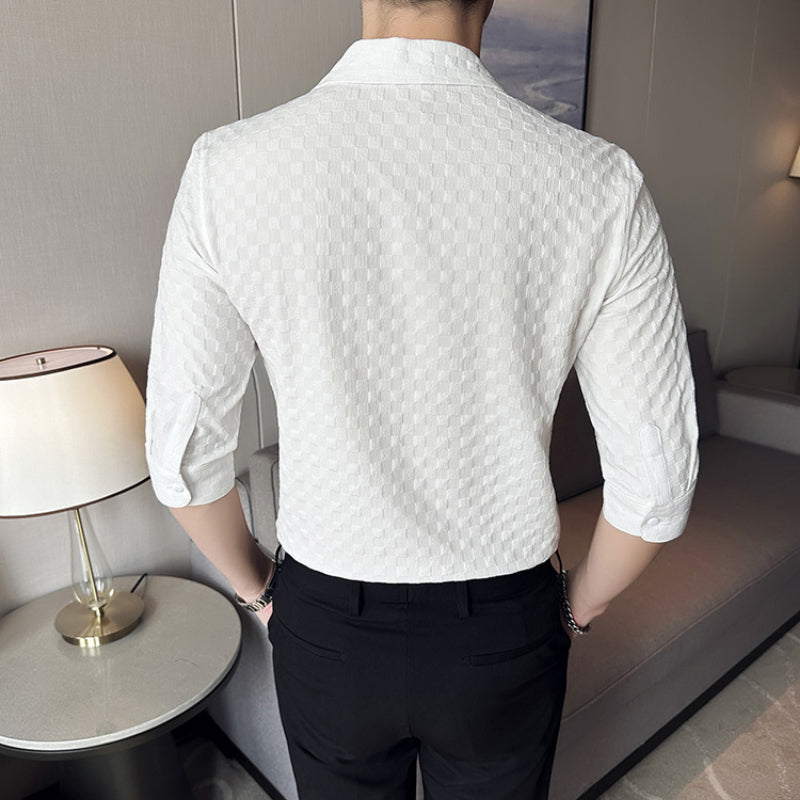 Men's Cuban Collar Business Long Sleeve Plaid Shirt