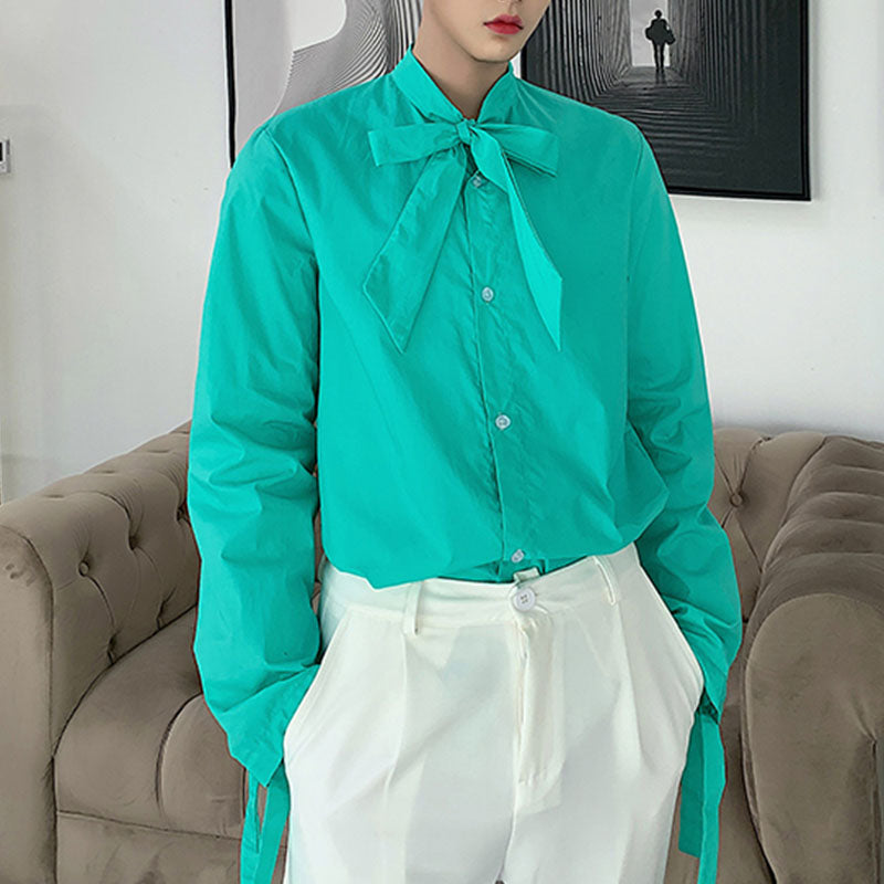 Men's Ribbon Collar Loose Long Sleeve Shirt