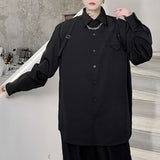 Male Green Webbing Buckle Decoration Shirt Long Sleeve Shirt