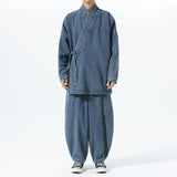 Vintage Washed Denim Cross Front Kimono Coat Harem Pants Two-piece set