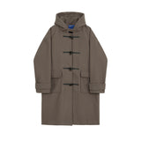 Horn Button Hooded Lapel Woolen Windbreaker