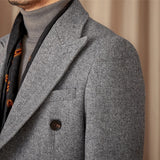 Mid-Length Double-Breasted Wool Blend Herringbone Coat