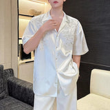 Satin Jacquard Short-Sleeve Shirt with Pearl Embroidery and Cuban Collar