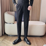 Mens Solid Color High Waist Pants Solid Color Slim Fit Trousers