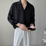 Men's British Cuban Collar Solid Color Long Sleeve Casual Shirt