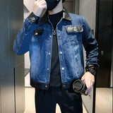 Lapel Denim Patchwork Long Sleeved Jacket