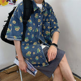 Vintage Daisy Print Distressed Denim Short Sleeve Shirt