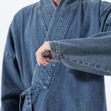 Vintage Washed Denim Cross Front Kimono Coat Harem Pants Two-piece set