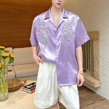 Satin Jacquard Short-Sleeve Shirt with Pearl Embroidery and Cuban Collar